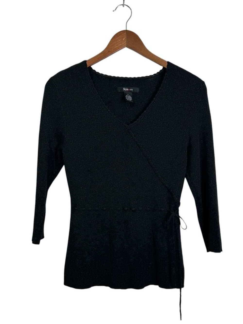Style & Co. Women’s L Black Shimmer Metallic V-Neck Ribbed Knit Blouse Top